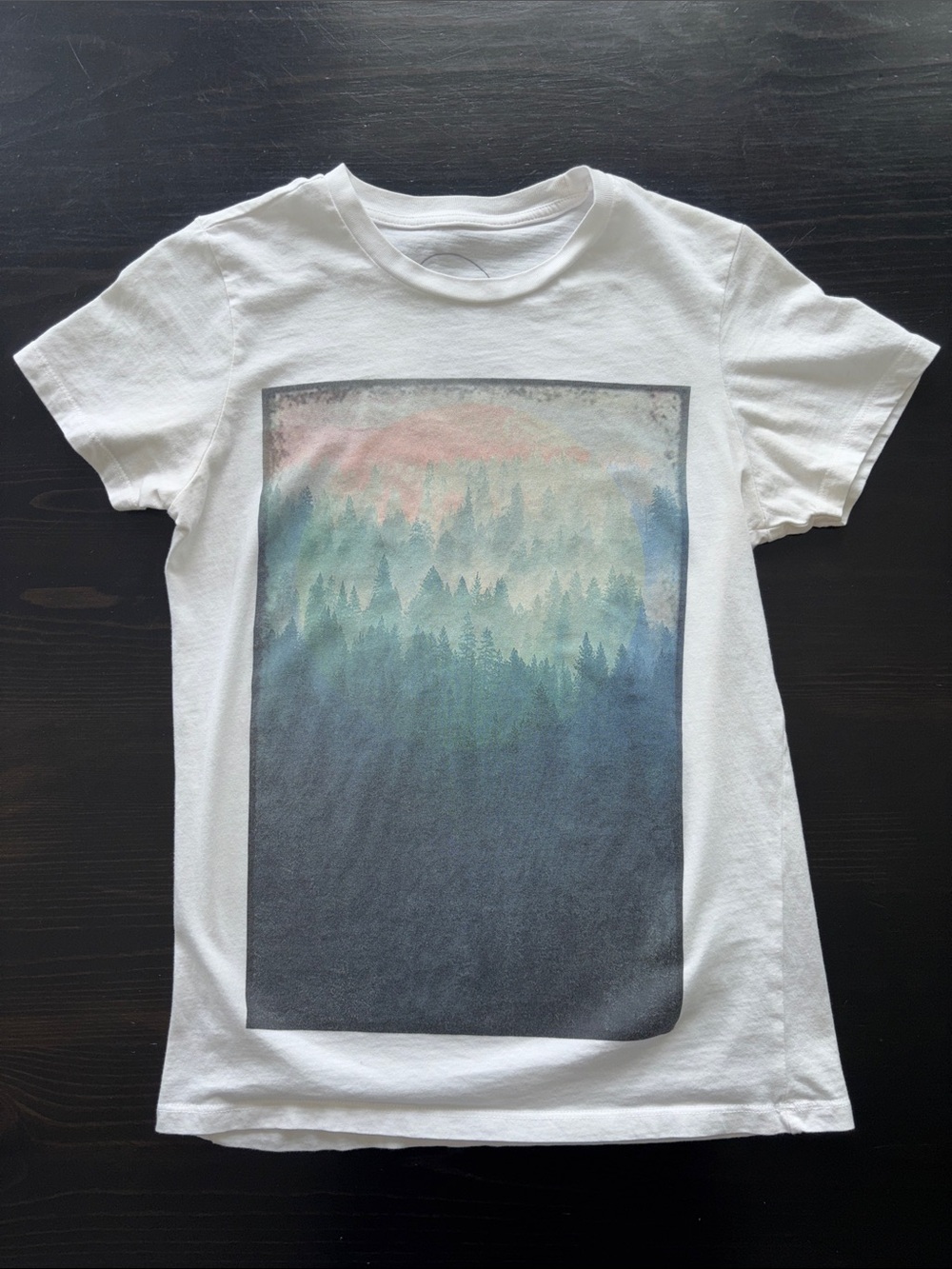 White Graphic Short Sleeve Tee with Forest Print